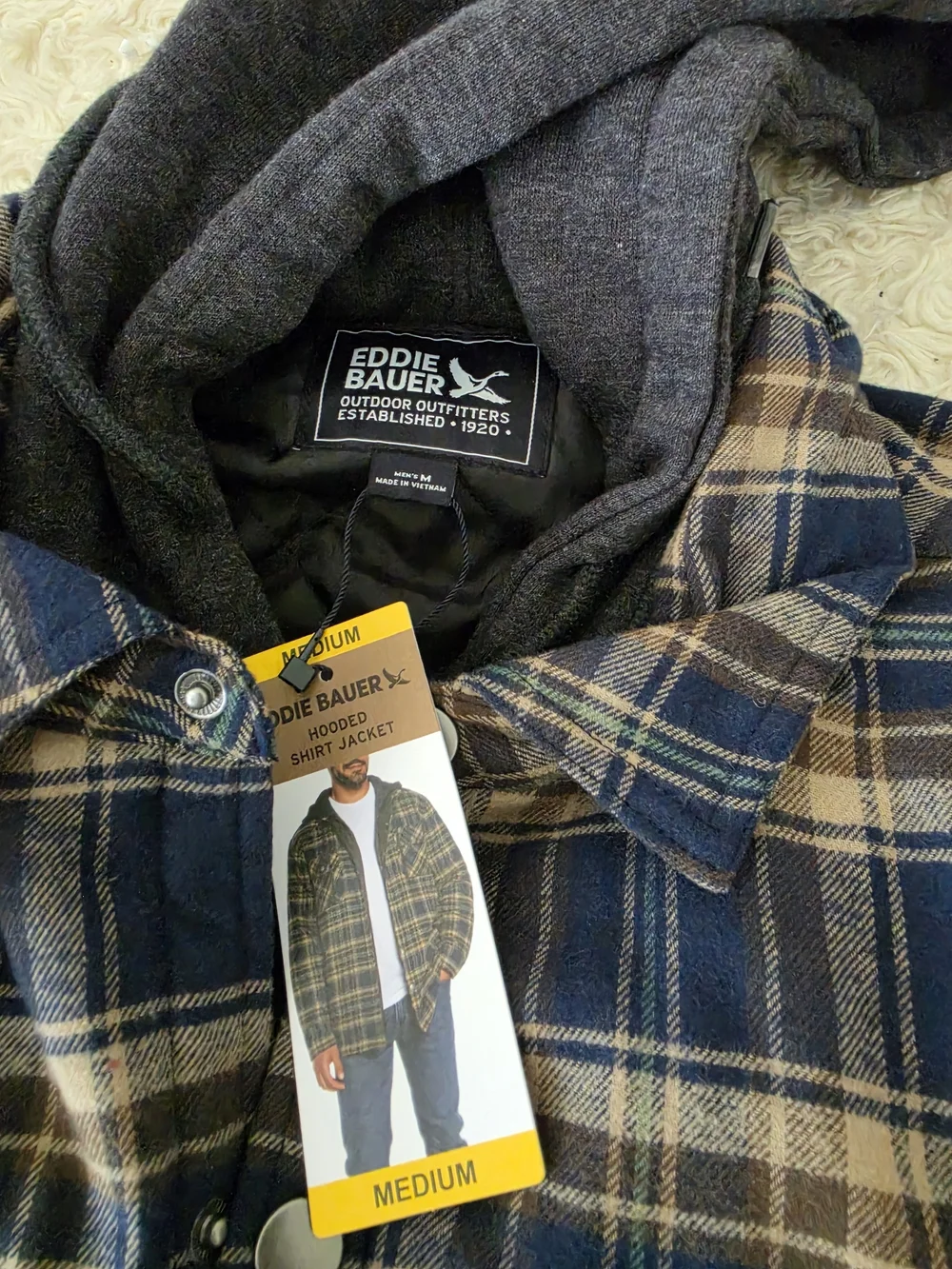 Eddie Bauer Navy and Olive Plaid Hooded Shacket